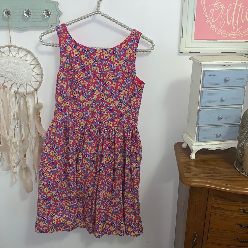 Polo Ralph Lauren Girls 14 Pink Floral Sleeveless Cotton Fit & Flare Dress Mini